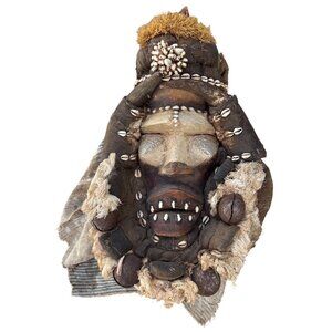 African Tribal Mask With Cowrie Shells Handcrafted Wooden Wall Decor